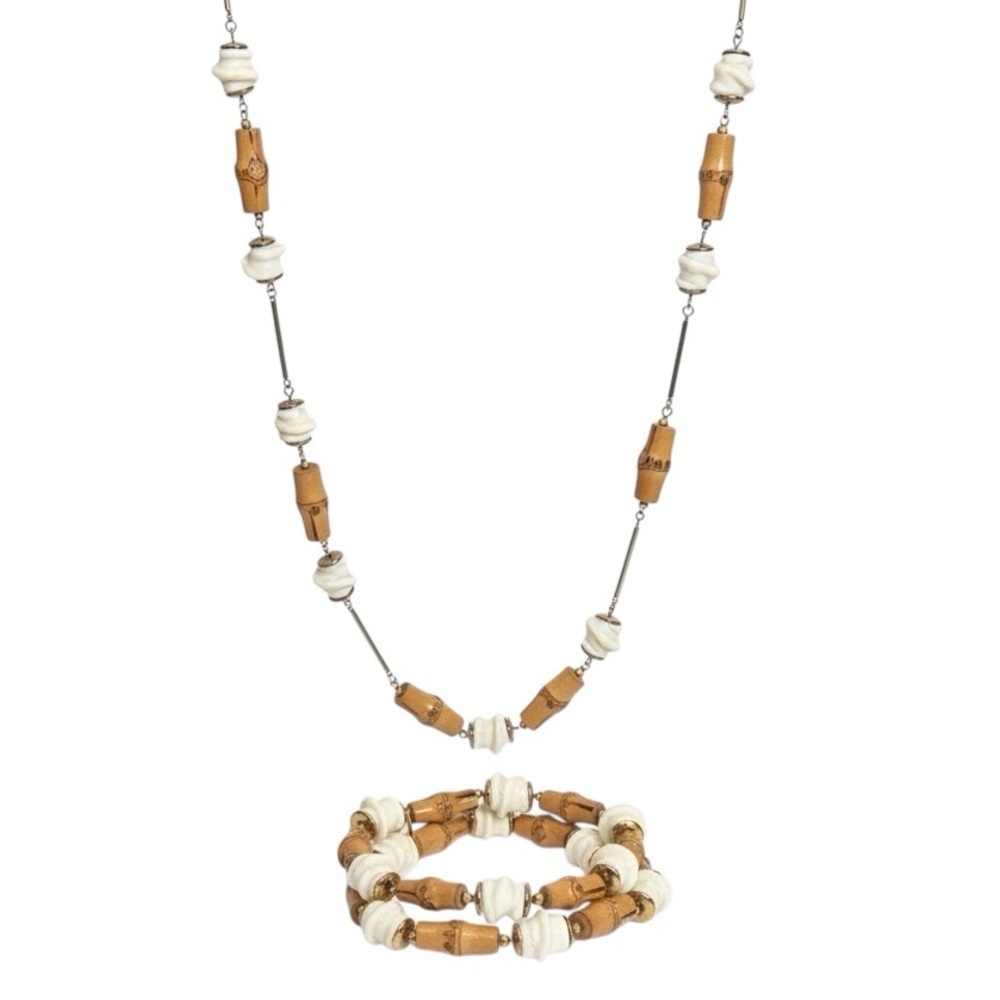 Vintage Bamboo Milk Glass Beaded Long Necklace Bracelet Set